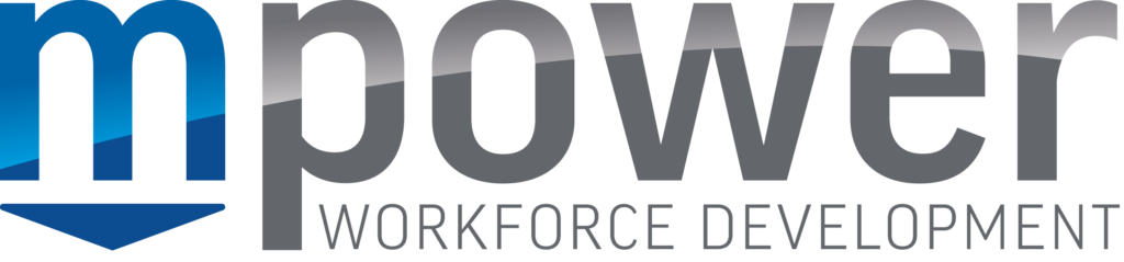 Logo with large blue and gray text reading “mpower” above smaller gray text that says “WORKFORCE DEVELOPMENT.”.